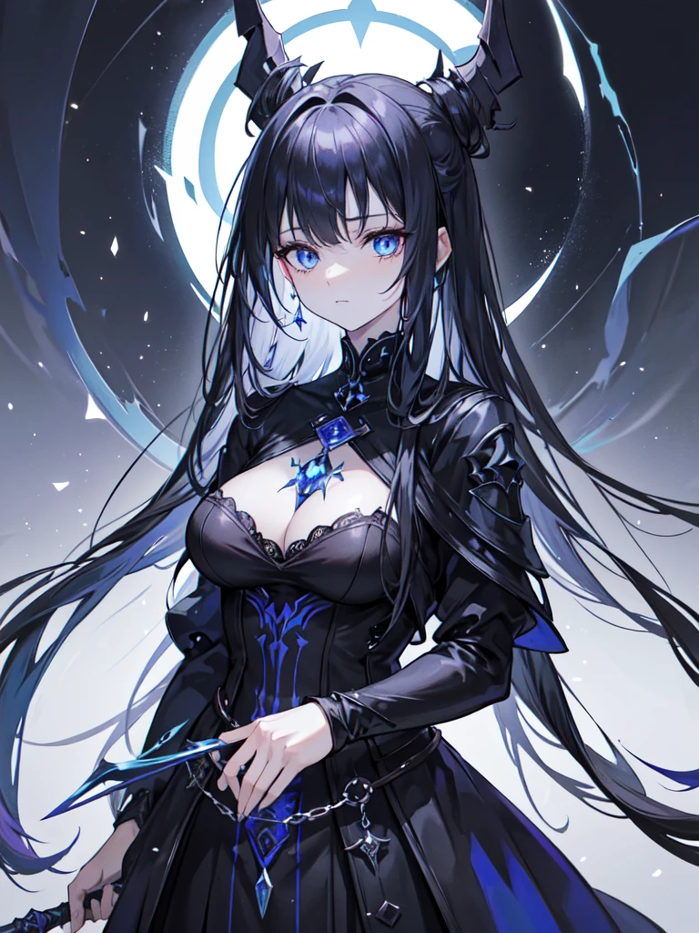 She is a witch, full of knowledge and abilities in magic and weapons. Her eyes were a dark blue. Her eyes were blank as if she had seen a hint of death. She has pierced ears and wears them with onyx-colored gems. She is beautiful but strong at the same time. Her hair was long and silky, a pitch-black color.