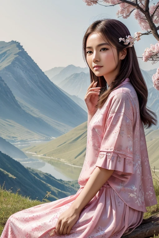 (best quality,Very detailed,actual:1.37),masterpiece:1.2,General sitting under a tree, Hands raised high,Holding an arrow in hand。Chinese landscape,Ink splatters,Ink texture,watercolor,pink clothes,pink clothes,Light gray background