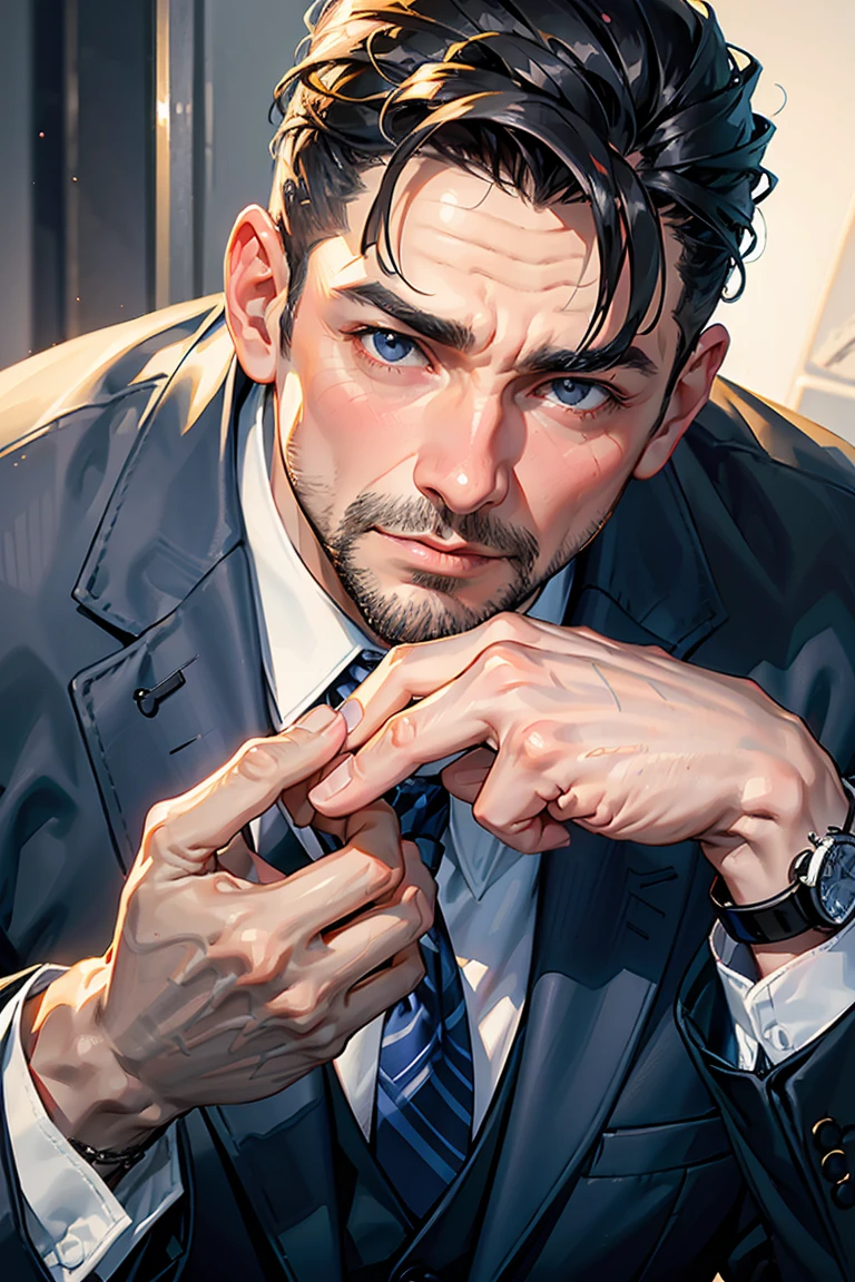 A middle-aged man with an oval face and fair skin. He has short, dark hair with graying streaks., slightly tanned chin and piercing grey eyes. His nose is straight, and the lips are narrow. He wears an elegant dark blue jacket., a light shirt and a dark tie. On the left hand is a silver watch bracelet. Generally, he looks confident and professional.