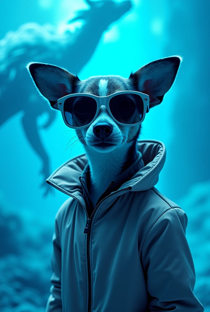 The best cell phone wallpaper, Award-Winning Wallpaper, portrait photography, In the front view is a portrait of a cute dog wearing mid-1960s space age fashion, Side view photo, Shot with Canon EOS R5, Set a strong contrast that accentuates the subject, Fluorescent blue tone, Wearing a very modern coat and sunglasses is a modern 1960s style, Clothes all in one color, beautiful background dragon 