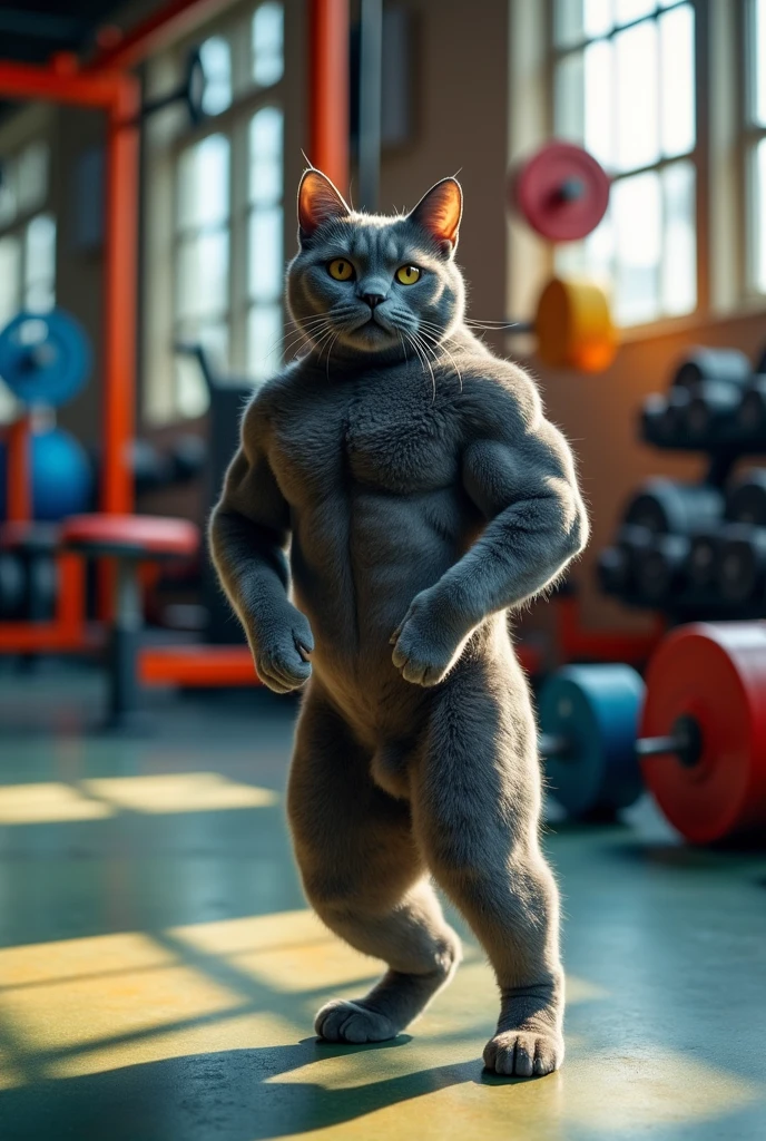 The cat picture is gray with a strong body., Six muscles,Muscles bulging, standing in the gym