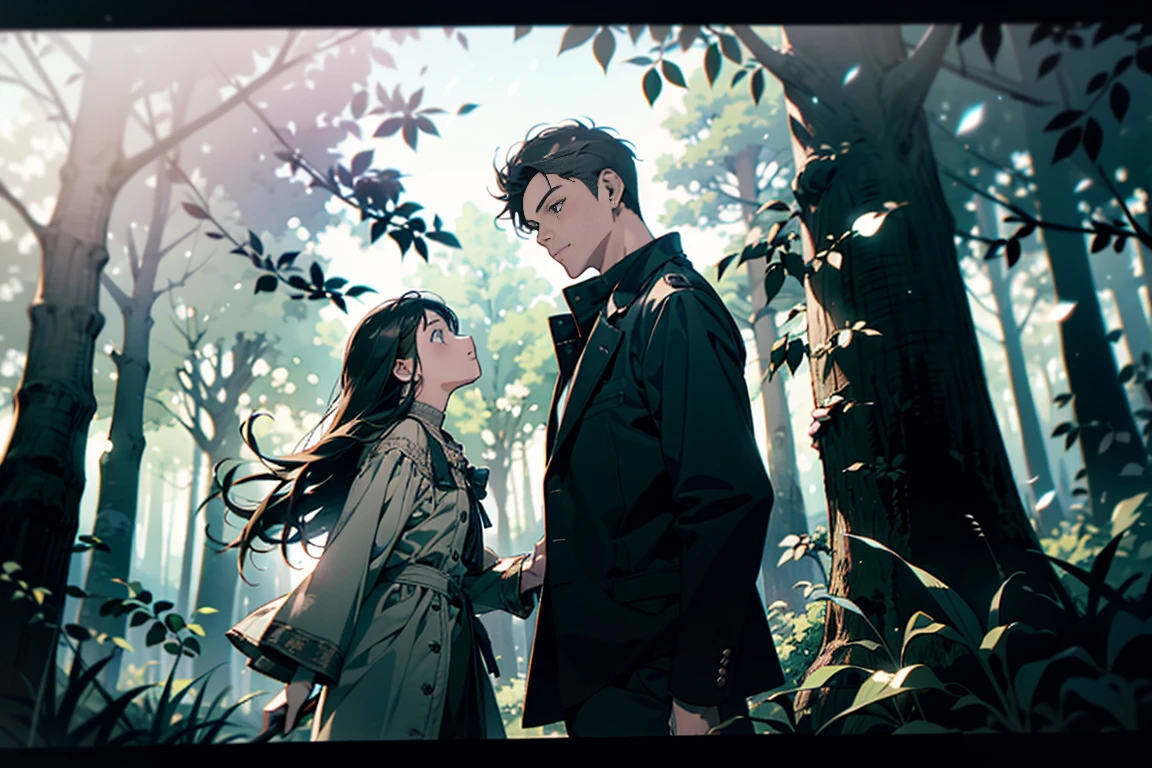 Two-person interaction，Two small children，A girl with long hair and a boy with short hair that reaches his ears，Walking hand in hand in the forest，Adventure，Boy holding a wooden stick，Looking up，One after the other，Composition，illustration，Cinematic feeling，The image focuses on the upper body of the person landing on the shore，Two people are about the same height，The head, larger at the bottom and smaller at the top, is above the two people.，Surrounded by branches and trees, cinematic lighting, motion blur, outside border, viewfinder, dutch angle, close-up, from the top, perspective, from side, lens flare, uhd, masterpiece