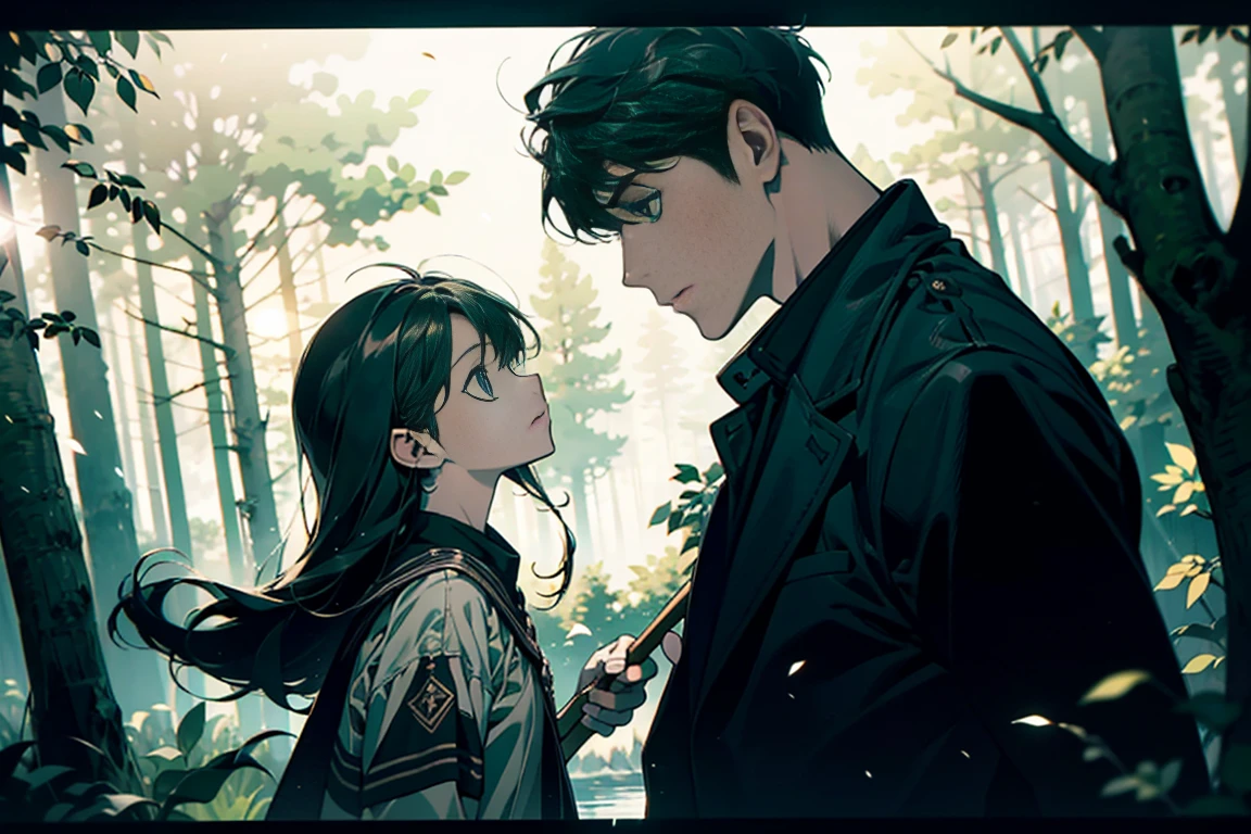 Two-person interaction，Two ，A girl with long hair and a boy with short hair that reaches his ears，Walking hand in hand in the forest，Adventure，Boy holding a wooden stick，Looking up，One after the other，Composition，illustration，Cinematic feeling，The image focuses on the upper body of the person landing on the shore，Two people are about the same height，The head, larger at the bottom and smaller at the top, is above the two people.，Surrounded by branches and trees, cinematic lighting, motion blur, outside border, viewfinder, dutch angle, close-up, from the top, perspective, from side, lens flare, uhd, masterpiece