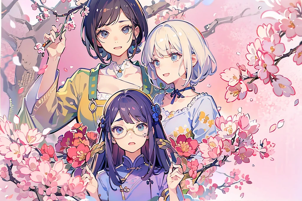 粉色的Cherry blossoms背景，Hidden in the bushes，three people，Dark blue hair。8k，Correct human body，Detailed eye painting，illustration，Highest quality，Exquisite，Detailed face，Masterpiece，flat chest，Slim，young，Pink background，Cherry blossoms，High-end，Hand Painted，Official Fanart, Visual novel, Anime style，Girly Romance, Produced by Anime Painter Studio，Wear modern clothes，masterpiece, best quality,, Intricate details, Perfect, Golden Ratio Composition, 8K resolution, High resolution, fair, Vibrant soft colors