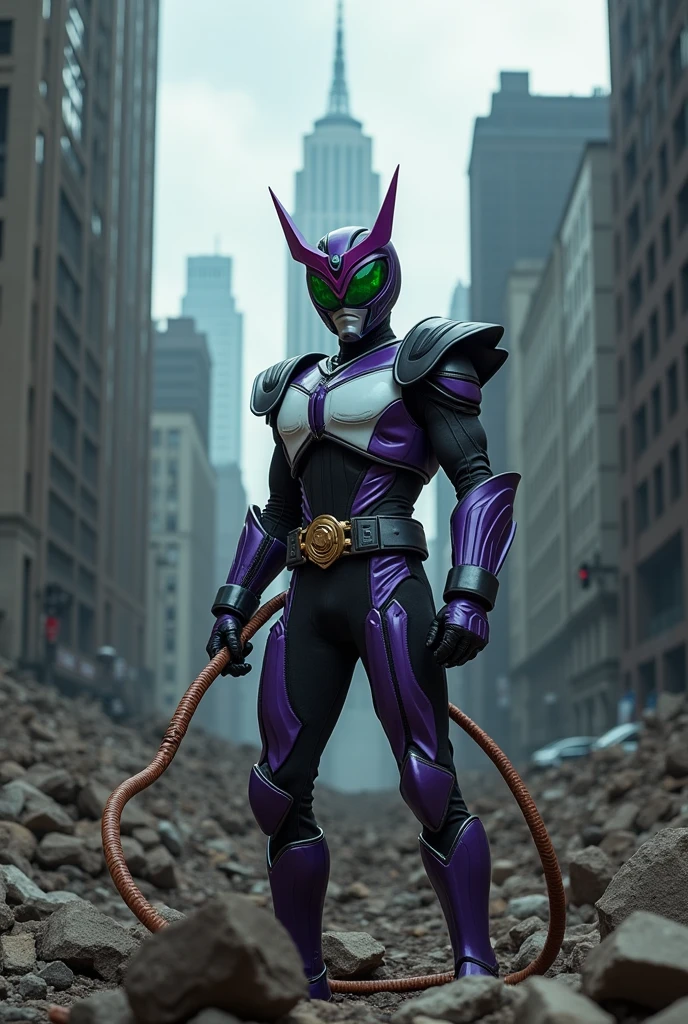 Kamen Rider His costume is based on the robot and cobra. The costume is purple, white and black. His eyes glow a bright dark green. He holds a leather whip based on the robot and cobra. He is purple, black and white. He stands on the ruins of a building surrounded by tall buildings.