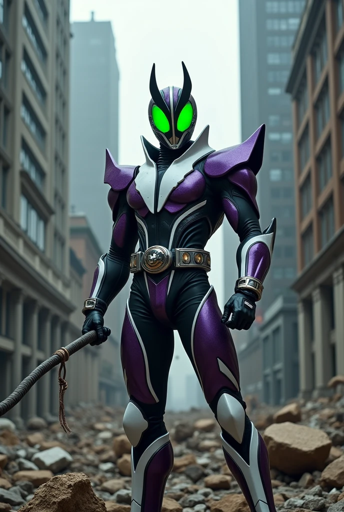 Kamen Rider His costume is based on the robot and cobra. The costume is purple, white and black. His eyes glow a bright dark green. He holds a leather whip based on the robot and cobra. He is purple, black and white. He stands on the ruins of a building surrounded by tall buildings.