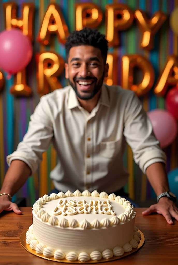 A Man standing in front of a table with a cake. The cake has the name 'Usama' clearly written on it in icing. In the background, the words 'Happy Birthday' are prominently displayed in bold, clear letters, creating a festive and joyful atmosphere in 3D