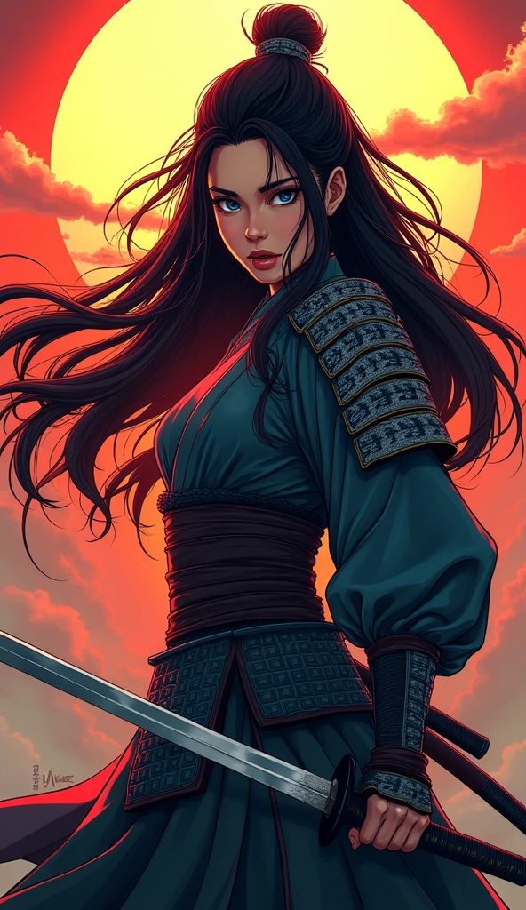 a Japanese comic art of a female samurai, holding a katana in a salute, the Katana shines in the sun, ready for battle, half of the face are shaded, black hair, long hair, carried in the wind, blue piercing eyes, pale skin, Ultra-high resolution, High Contrast, (masterpiece:1.5), highest quality, Best aesthetics), best details, best quality, highres, 16k, (ultra detailed: 1.5), masterpiece, best quality, (extremely detailed) RAW, (ultra details, Masterpiece, best quality),