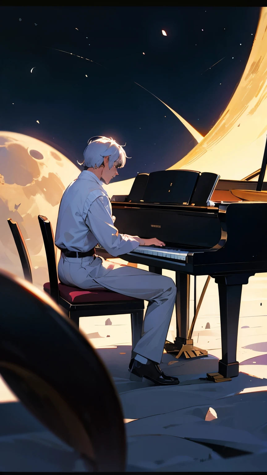 A man playing the piano on the moon、