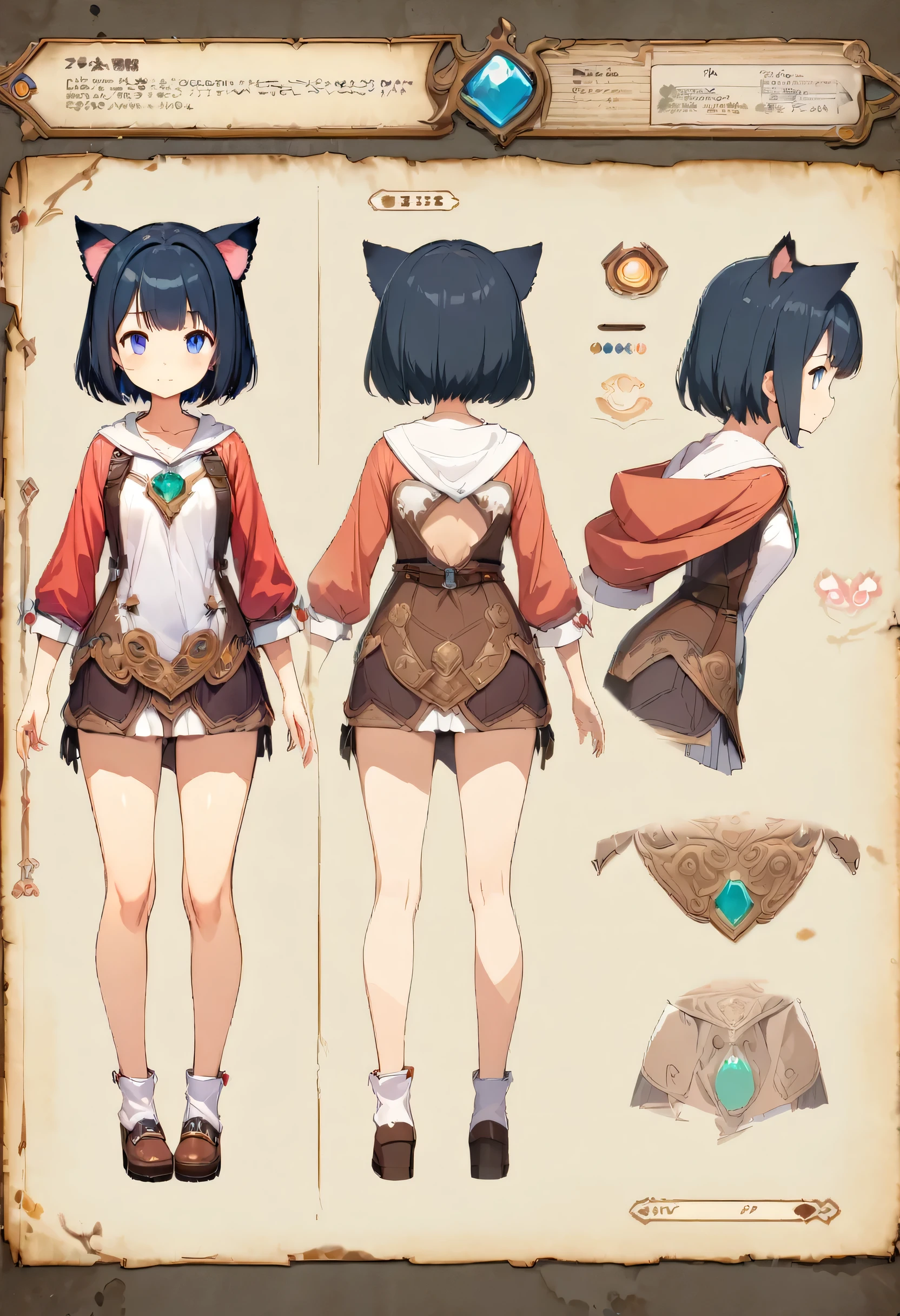 cute girl, cat ears, short hair, full body, fantasy world adventure, (game character setting material sheet, various angles:1.5), (masterpiece, best quality, highly detailed, ultra detailed, absurdres:1.3), (1girl, cute, charming girl:1.3), (fantastic illustration, beautiful detail, best quality, top quality, high quality,  fain touch outline:1.3), watercolor, clear, beautiful detail