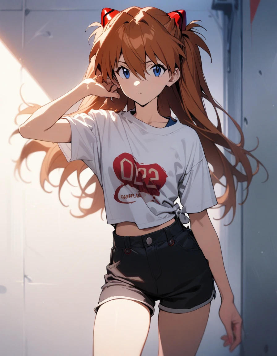 1girl, souryuu asuka langley, neon genesis evangelion, shirt.shorts, masterpiece, best quality, very aesthetic, absurdres