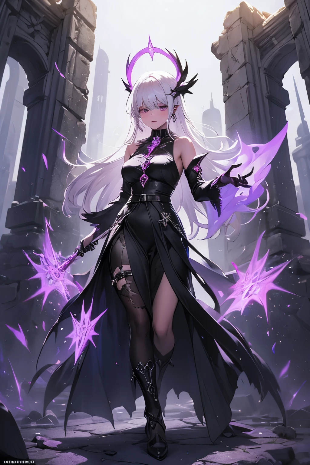 A full-body, high-quality, perfect face, perfect body, mastepiece, image of a woman with white hair and purple eyes standing in the ruins of an ancient, fantasy world city. She holds a black sword etched with glowing purple runes. The woman is dressed in a dark outfit with red accents, exuding a powerful and mysterious aura. The ruins around her are detailed with crumbling stone structures and overgrown vegetation, creating a mystical atmosphere