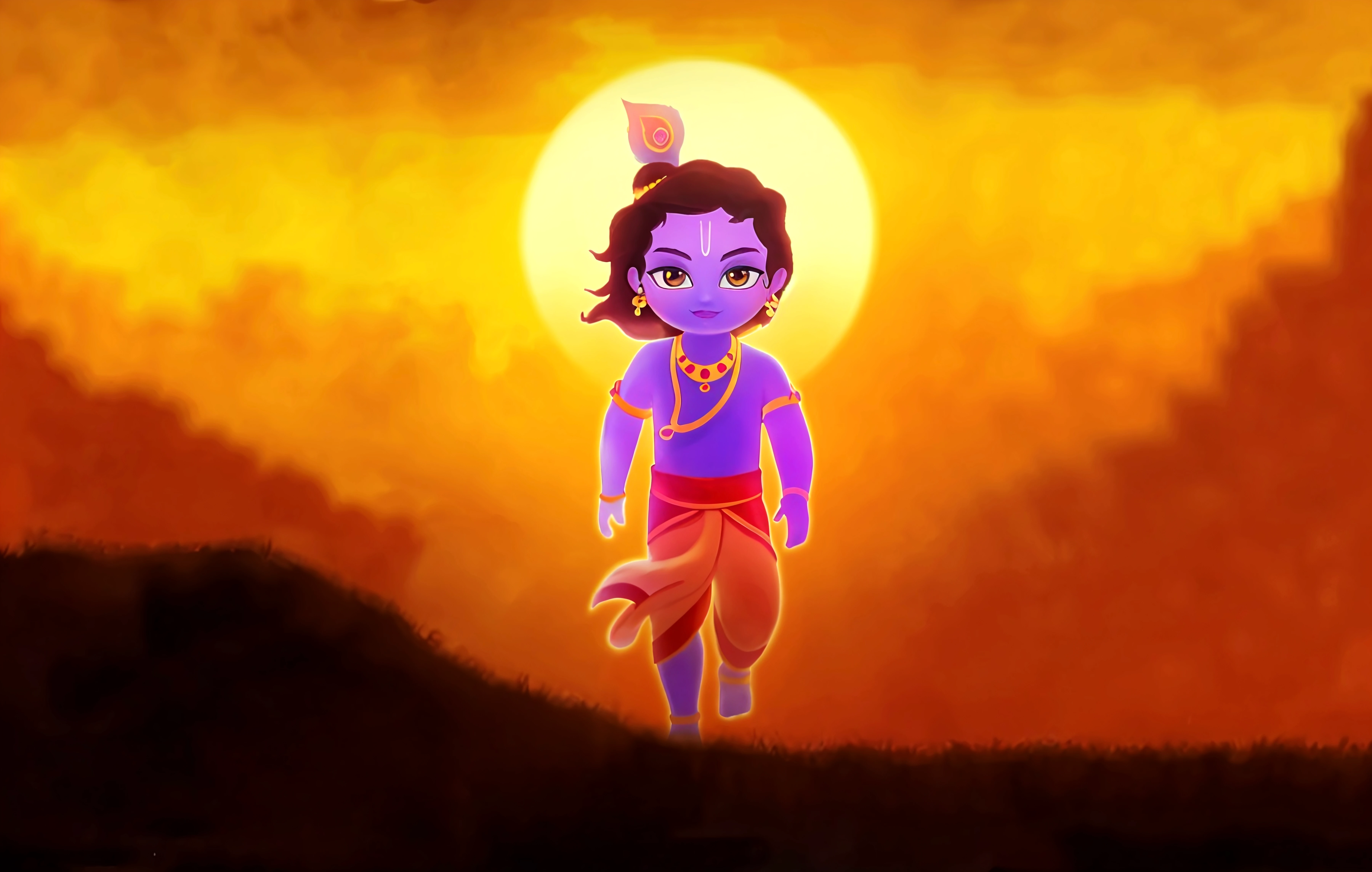 Create a festive Janmashtami-themed image featuring a modern esports twist. The background should blend traditional Indian elements like peacock feathers, flutes, and temples with futuristic, gaming-inspired graphics. In the center, depict a stylized version of Lord Krishna, holding a gaming controller instead of a flute, surrounded by vibrant lights and digital effects. Include the text 'Happy Janmashtami from Xypher Esports' in a sleek, modern font, with a subtle incorporation of the XYpher Esports logo. The overall design should feel celebratory, blending spirituality with the energy of competitive gaming