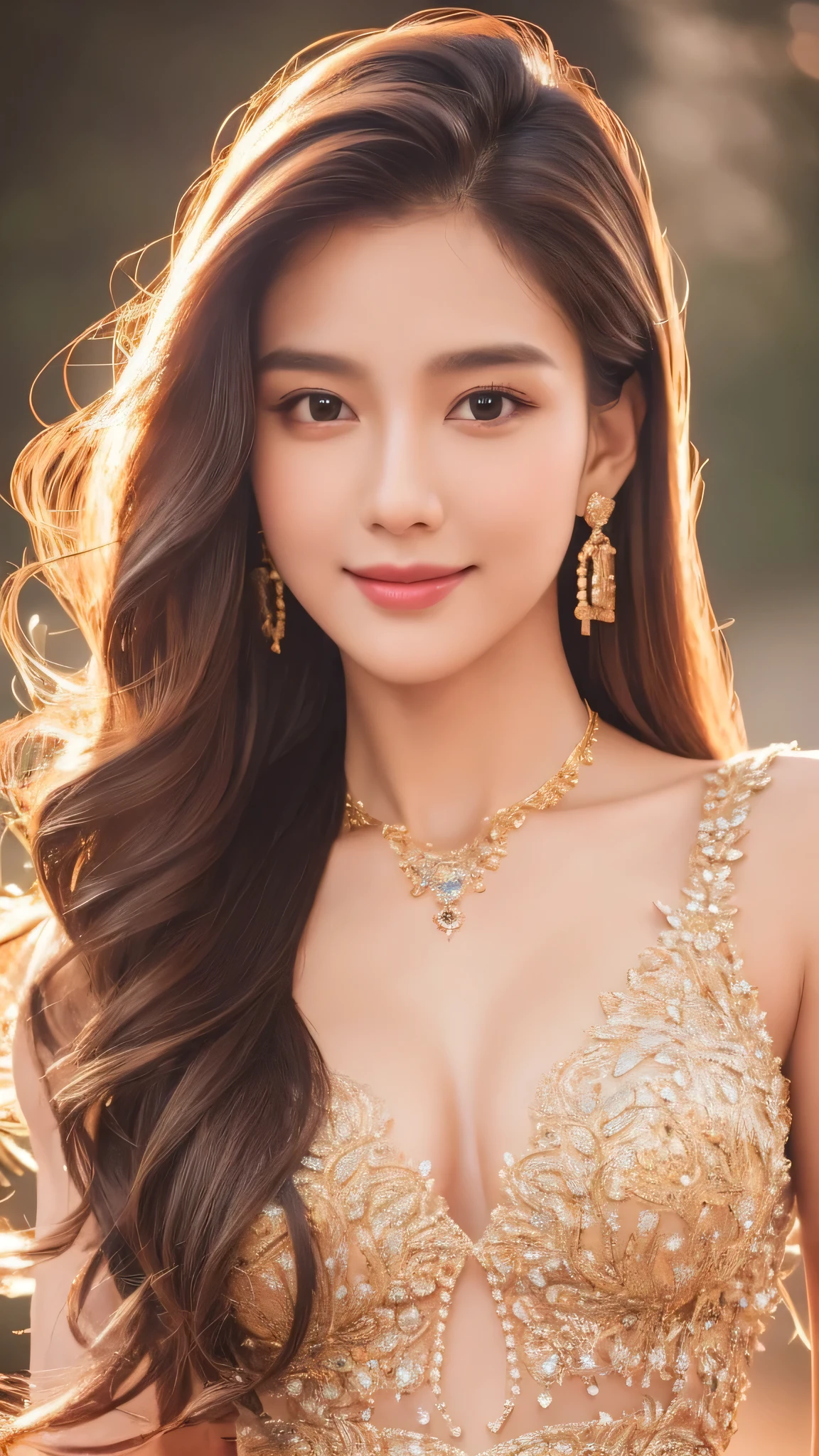 The highest image quality, the best quality, infinite details, 8k resolution, an exquisite beautiful girl, goddess, fairy-like, beautiful eyes, charming eyes, moist lips, long brown hair, slightly curled, oval face, oval face, smiling, detailed face, detailed expression, detailed facial features, a masterpiece, full of details, detailed background, detailed characters, detailed hair, detailed hair, detailed body, detailed hands, detailed clothes, detailed face, perfect face, extreme arms, hair, facing the viewer, necklace, lipstick, earrings, sunset, standing, full body photo, a masterpiece, infinitely close to reality, ((full body)) ((exquisite clavicle))