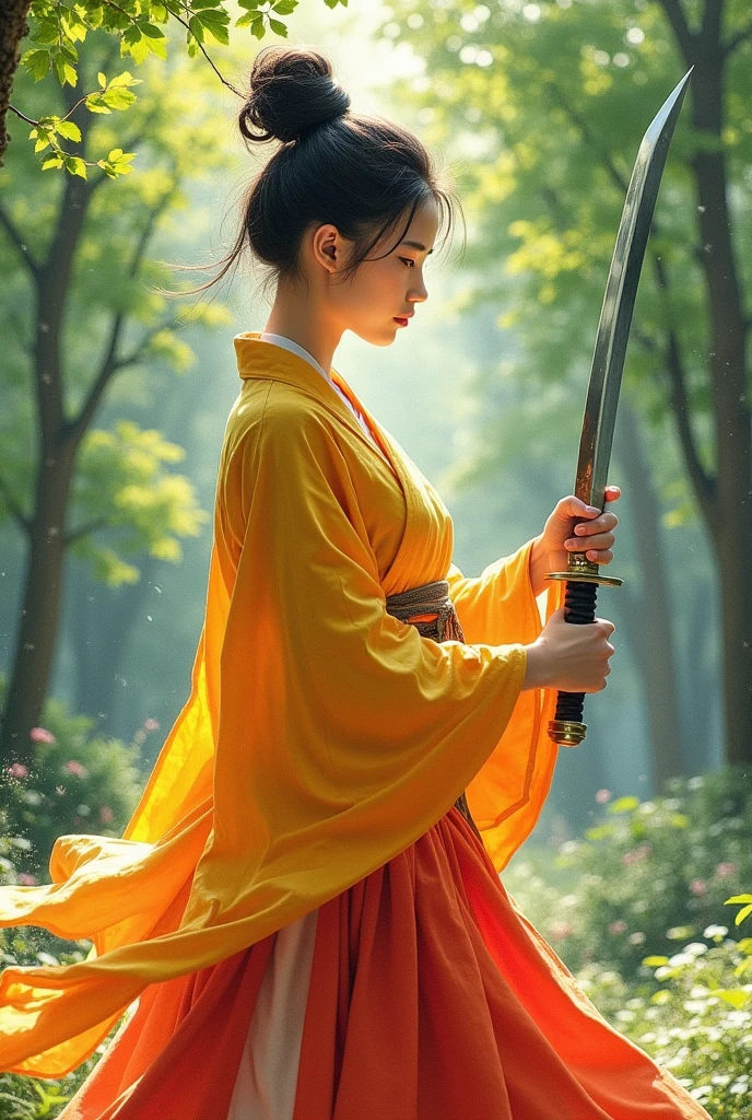 Perfect Anatomia, young asian samurai woman, Wearing an orange and yellow kimono , face linda, training in forests with his katana sword, Japanese watercolor art