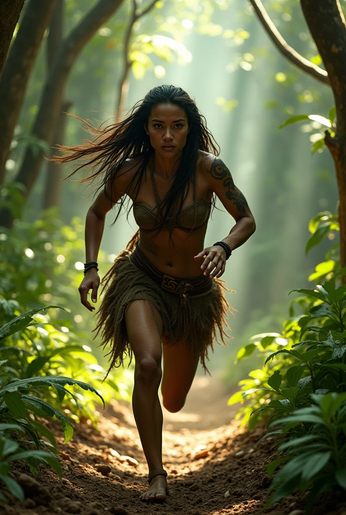 A terrified nude korean female age 21 sprinting through a dense, verdant jungle, her lithe body glistening with perspiration and streaked with dirt. Her long, raven hair streams behind her like a dark banner of panic as she flees from the pursuing cannibal tribe. The cannibals, a group of burly, muscular women with mud, dirt and blood covered their body, are depicted in hot pursuit, their eyes ablaze with savage hunger and their teeth bared in ferocious snarls. The leader, a athletic female figure with a headdress made of bones and feathers, wields a menacing spear adorned with human trophies, while others in the tribe follow with makeshift weapons like clubs and machetes. The vibrant foliage of the jungle forms a stark contrast with the raw, primal scene unfolding, creating a tableau of fear and survival. The light source, possibly the setting sun, casts a warm glow that filters through the dense canopy, casting dappled shadows across the chase. The tension in the air is palpable, the urgency of the moment captured in the stark nudity and the desperate, powerful stride of the fleeing woman, as the relentless pursuers close in, their intent to capture and consume her unmistakable in their every grimace and gesture. The background whispers of a fiery camp, hinting at the impending fate that awaits should she falter. The chaotic yet meticulously detailed scene evokes a sense of horror and excitement, a modern reimagining of a timeless battle between the wild and the innocent.