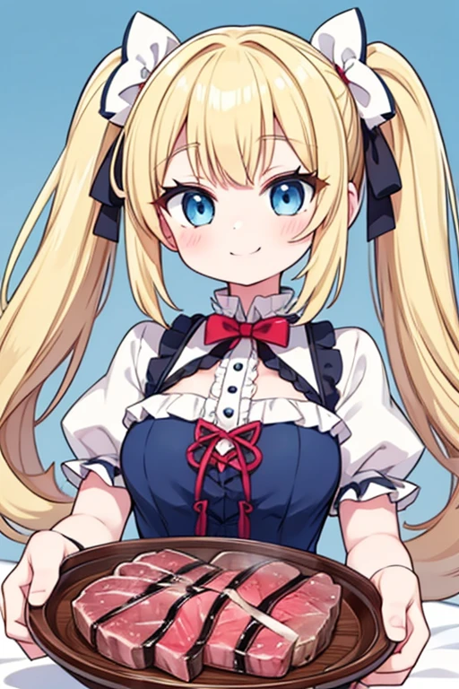 A happy smile,Large serving of beef steaks,large amount of steak,Highest quality,Blonde with blue eyes、Lolita、Small breasts、Twin tails、girl&#39;enjoy,smile,bonnet,