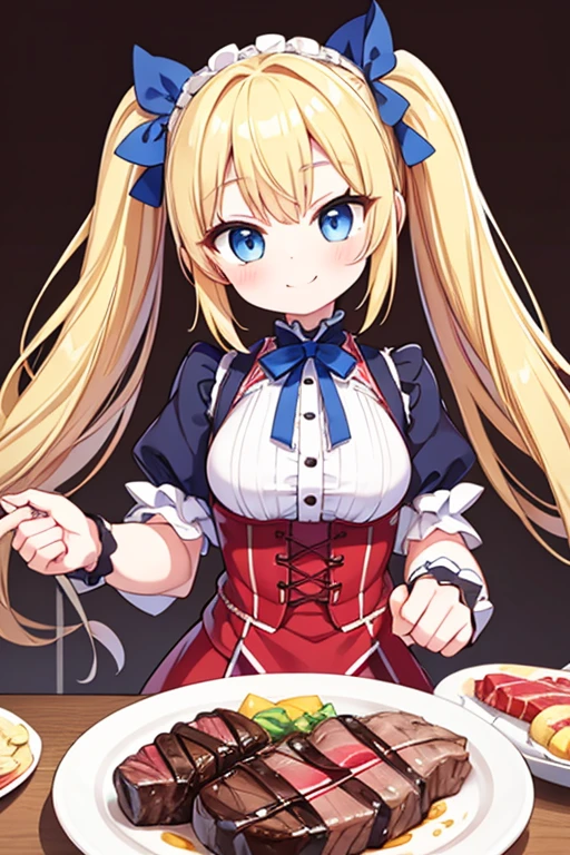 A happy smile,Large serving of beef steaks,large amount of steak,Highest quality,Blonde with blue eyes、Lolita、Small breasts、Twin tails、girl&#39;enjoy,smile,bonnet,