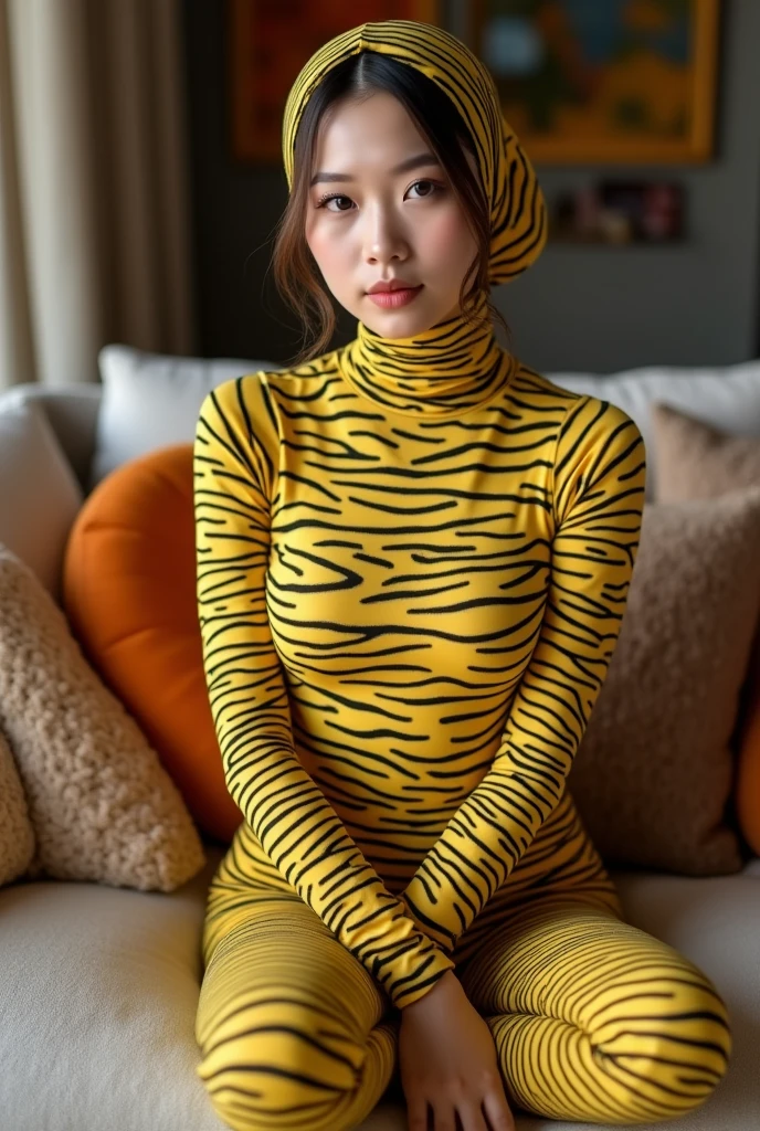 
A most beautiful and thin chinese contortion girl wears light yellow Zebra print Lycra turtleneck unitard catsuit covered with zebra stripes.She always wear Lycra dancewear hijab-like zentai hood.She has beautiful cheeks on her face.She sits on the sofa at home.