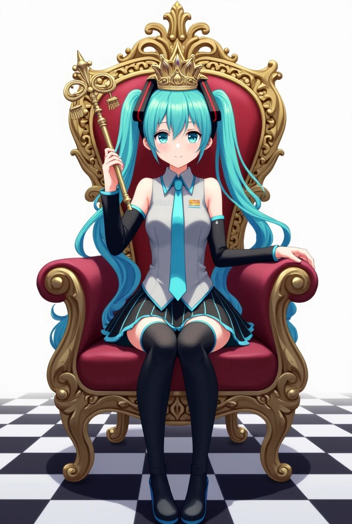 Japanese anime, anime art, anime style, detailed drawing, white background, high definition, high quality, high resolution, chessboard (floor), white king (chess), crown, sceptre, throne, one girl, solo, Miku Hatsune, aqua hair, twintails, head ornament (black / red line), headphones, 01 (number tattoo), grey shirt, collared shirt, sleveless shirt, black sleeves (aqua line), detached sleeves, aqua necktie, aqua nails, black skirt (aqua line), pleated skirt, mini skirt, zettai ryouiki, thigh boots, black thigh-high (aqua line), Hatsune Miku wearing a crown and holding a spectre; she sits on the throne.