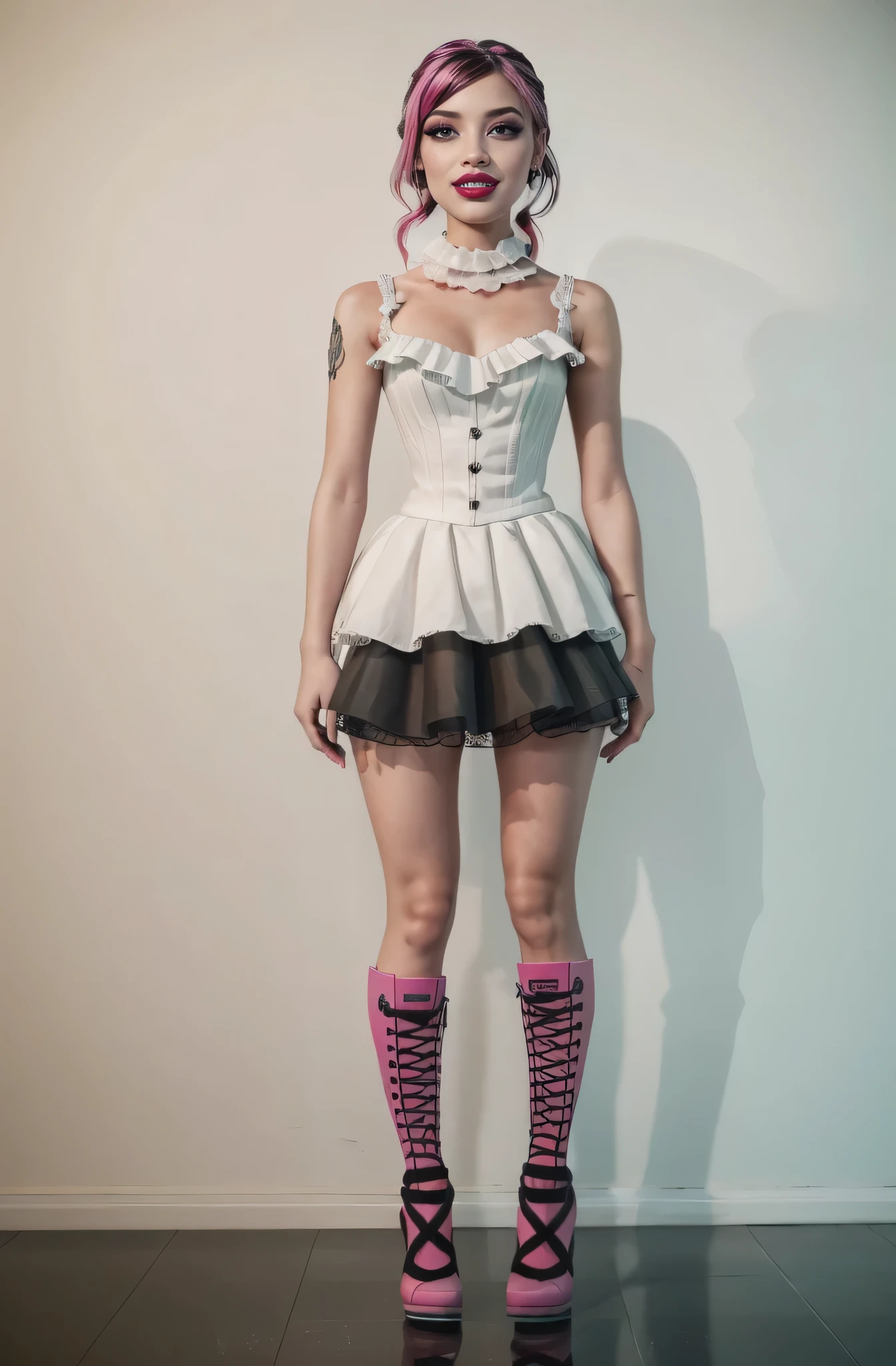 ((high quality)), ((Work of art)), (more detail), 1girl, succubus, centered, a girl with a bat wings, award winning upper body portrait, cowboy shot, Draculaura_MH, solo, black half hair, pink half hair, multicolored hair, long hair, white skirt, pink knee boots, smiling, seat on the throne, gothic style, gothic scenery, black lanterns, dark red roses, depth of field, cinematic composition, half black hair, half soft pink hair, wave hair, coffin, roses, smile, vampire fangs, gothic dress, bat wings, white dress, white dress with transparency, pink laces, white gloves, white high socks, pink high hills boots, bat jewelry, jewelry, seat on the grass, dark red roses on focus, Draculaura_(monster high), Monster High, looking at the viewer, more details on the clothes, Realism, UHD, retina, masterpiece, accurate, anatomically correct, textured skin, super detail, high details, high quality, award winning, best quality, highres, 1080P
