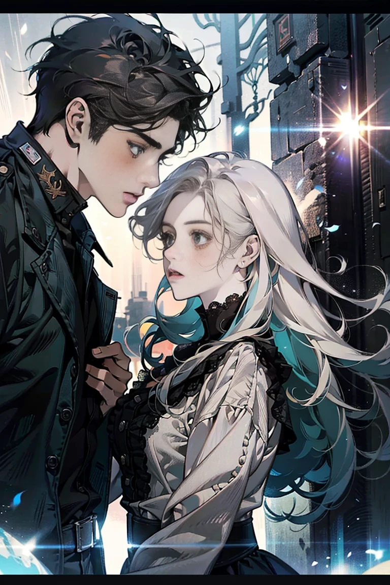 Half Body,Two-person interaction,A girl with long hair and a boy with short hair that reaches his ears,hand in hand,Background forest cinematic lighting, motion blur, outside border, viewfinder, dutch angle, close-up, from the top, perspective, from side, lens flare, uhd, masterpiece