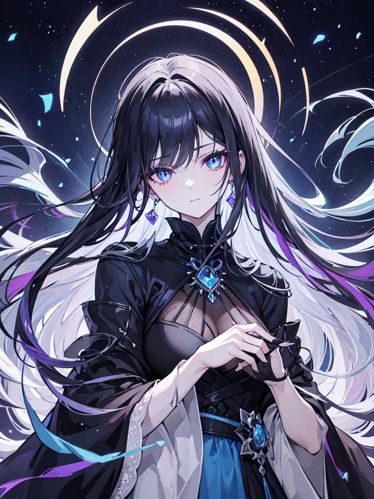 She is a witch (human), full of knowledge and abilities in magic and weapons. Her eyes were a dark blue. Her eyes were blank as if she had seen a hint of death. She has pierced ears and wears them with onyx-colored gems. She is beautiful but strong at the same time. Her hair was long and silky, a pitch-black color.