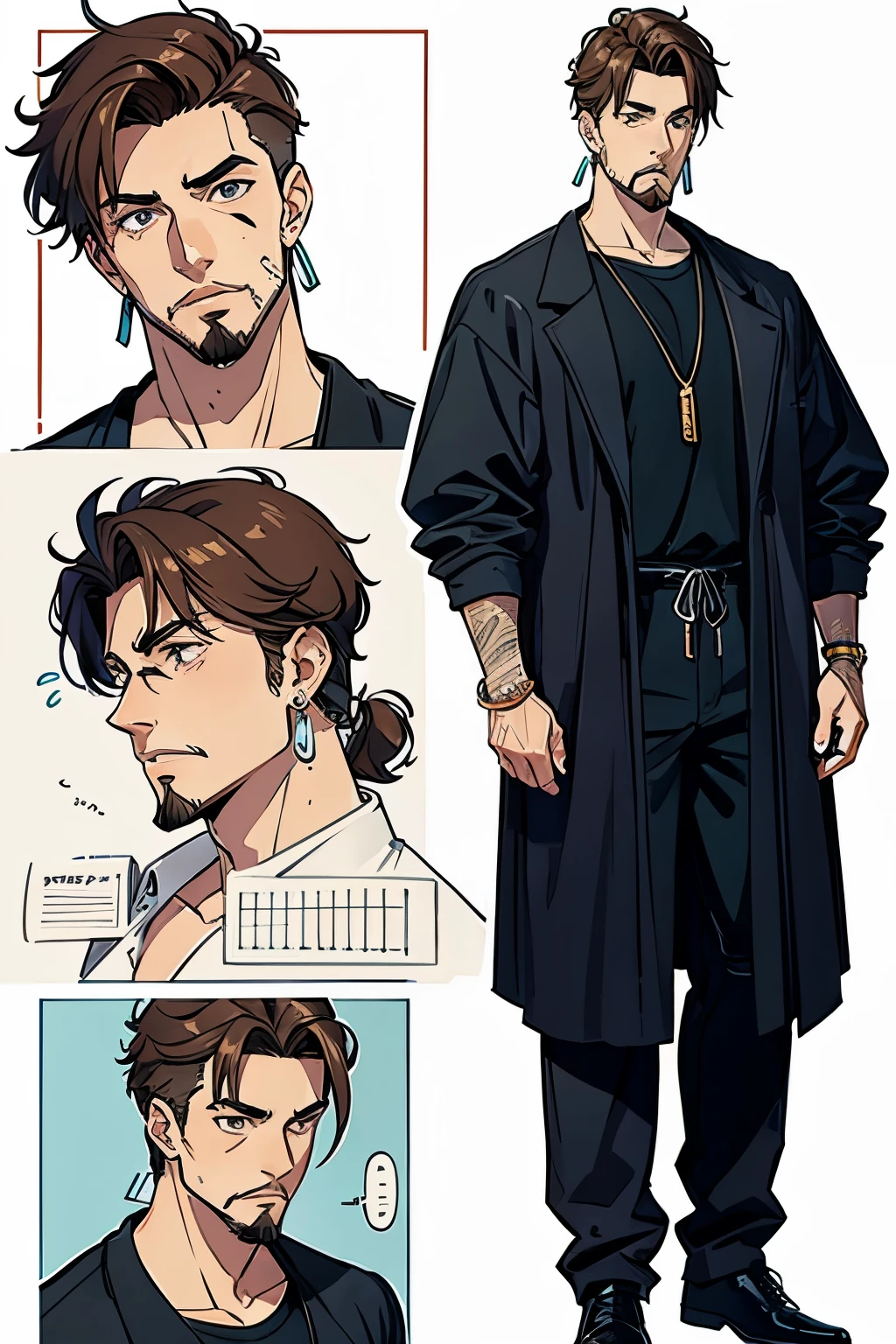 Best quality Adult male character sheet with a goatee, earrings and a ring