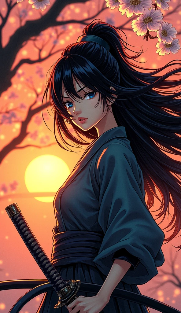 a Japanese comic art of a female samurai, holding a katana in a salute, the Katana shines in the sun, ready for battle, half of the face are shaded, black hair, long hair, carried in the wind, blue piercing eyes, pale skin, cherry trees in sunset background, Ultra-high resolution, High Contrast, (masterpiece:1.5), highest quality, Best aesthetics), best details, best quality, highres, 16k, (ultra detailed: 1.5), masterpiece, best quality, (extremely detailed) RAW, (ultra details, Masterpiece, best quality),