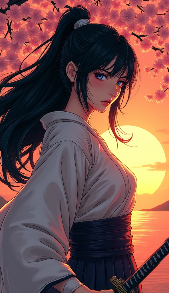 a Japanese comic art of a female samurai, holding a katana in a salute, the Katana shines in the sun, ready for battle, half of the face are shaded, black hair, long hair, carried in the wind, blue piercing eyes, pale skin, cherry trees in sunset background, Ultra-high resolution, High Contrast, (masterpiece:1.5), highest quality, Best aesthetics), best details, best quality, highres, 16k, (ultra detailed: 1.5), masterpiece, best quality, (extremely detailed) RAW, (ultra details, Masterpiece, best quality),