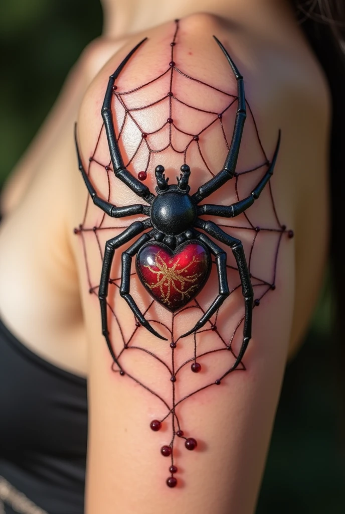 A spider tattoo that goes with a spider web and in a spider web brings the heart that Karol brings and tattooed