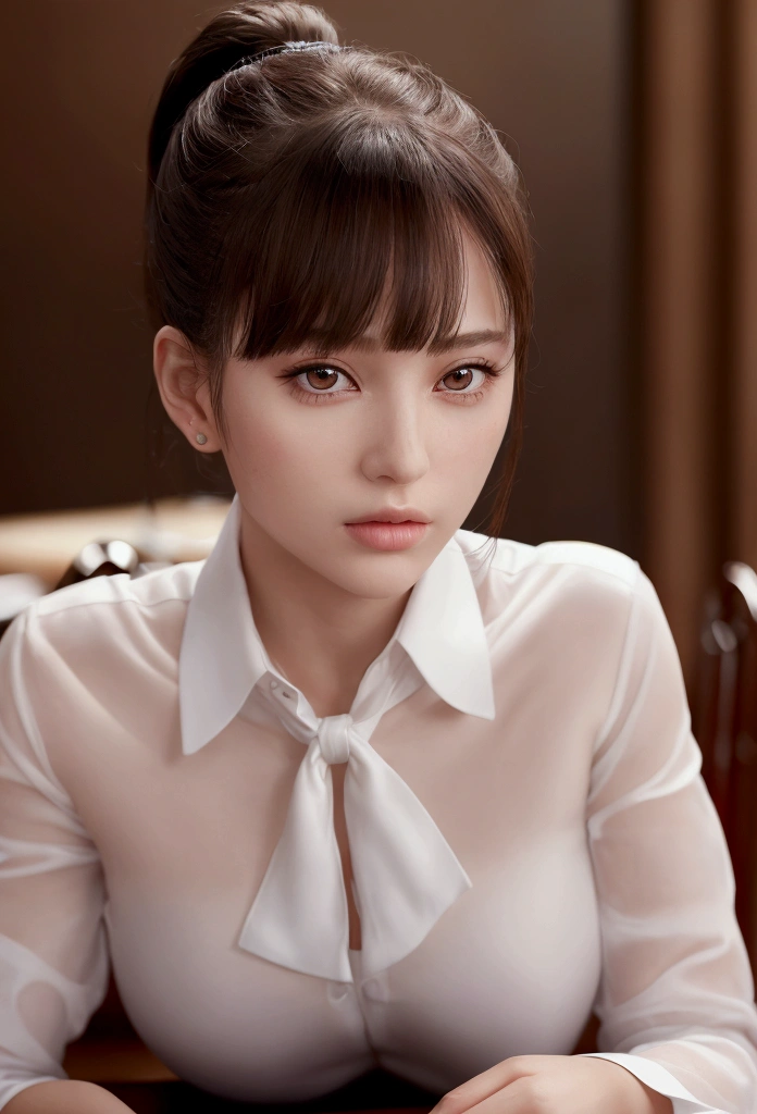 Girl with short ponytail wearing formal suit lying on restaurant table, Clear Eyes, Perfect body, (Looking down at the viewer:0.8), (Pure Eros Face_v1:0.2), Removable sleeves, Open your mouth, bangs, One person, Glowing Skin, (masterpiece;1.0), (Realistic:1.4), (Sharp focus:1.2),