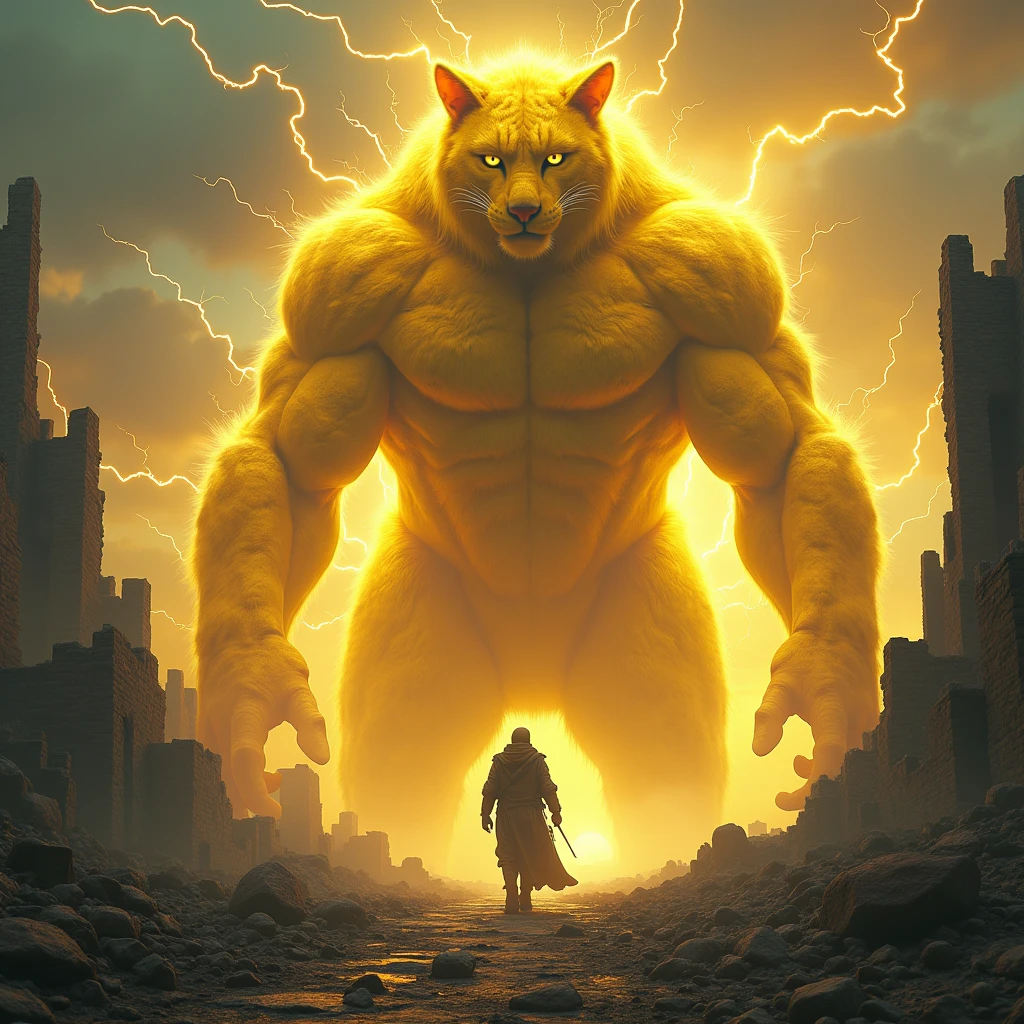 A cat, Color is yellow, 신화의monster, monster, It's so big it could swallow up a city., The whole body is enveloped in lightning and electricity., Ancient city background after war, It is 100m in size, Mythical World, high detail, 8k, photorealistic, hyper realistic