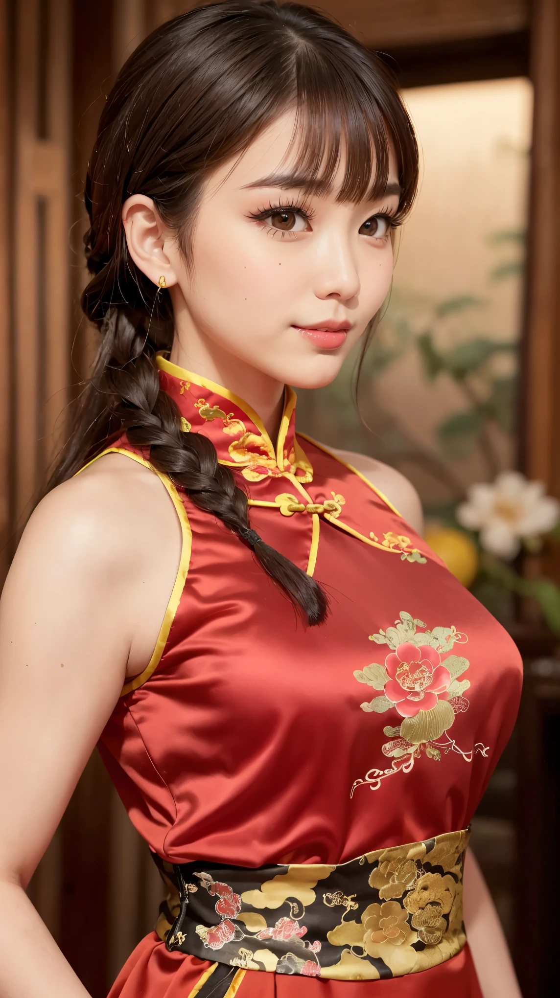 Realistic, masterpiece, Highest quality, Highest Resolution, Anatomically correct, Accurate Anatomy, 7 heads, Height: 165cm, One Japanese woman, profile, Staring at the audience, Smiling with an open mouth, Staring at the audience, Fine and beautiful eyes, Sparkling eyes, Thin eyebrows, Gives lashes a delicate finish, False eyelashes, (Chinese traditional makeup:1.2), (Dumpling+Braided hair, Blunt bangs, Brown Hair:1.2), Detailed face, Sharp Eyes, (Traditional Chinese Dress, Clothes that fit snugly to the body, Random Color:1.3), Upper body photo, Background like ink painting