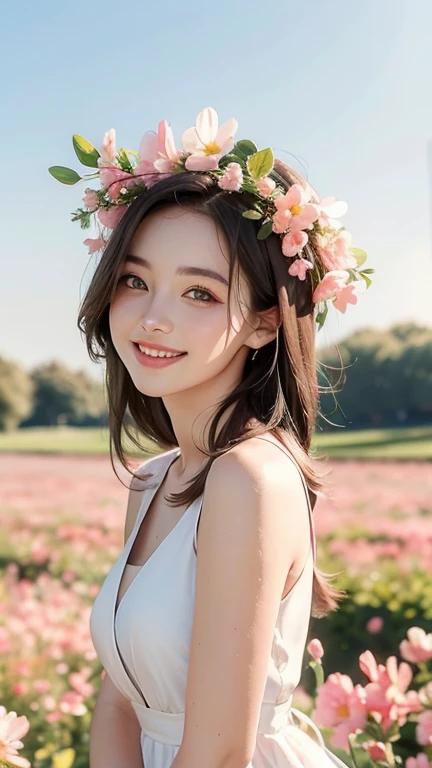 Highest quality, masterpiece, Ultra-high resolution (Realistic: 1.4), RAW Photos, 1 person, White Dress, Exposing shoulders, A field full of pink flowers, Glowing Skin, smile