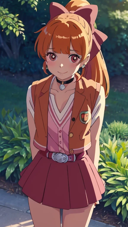 (1girl, solo, highly insanely detailed, masterpiece, top quality, best quality, highres, 4k, 8k, RAW photo),((innocent look)),((Childish)),From the front, symmetrical composition,smile,cute,Innocent,Kind eyes, kotonoha no niwa, garden, The Garden of Words, (ppgzbs),
(red eyes, long orange hair, ponytail, hair bow, blunt bangs, earrings, black choker, pink vest, red skirt, belt)