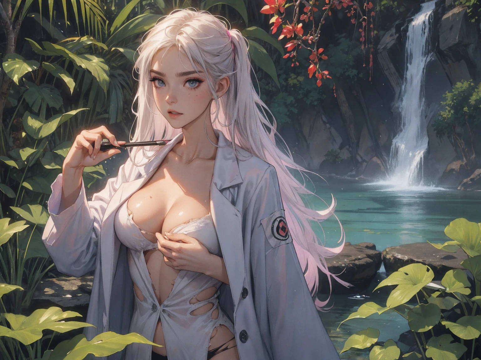 （lifelike， high - resolution：1.3）， 1 girl with a perfect body，slender body, Super fine face and eyes，assasin, dark makeup, shiny skin，white hair,((torn and ripped jungle clothes underneath lab coat)， Expose cleavage, extravagant makeup, pink eyeshadow, dark makeup shocked expression,  shiny skin, action pose, extravagant makeup, leopard print, lab coat, savage lands, feral lands, (waterfall, soaked), grey blue eyes, (disheveled hair)
