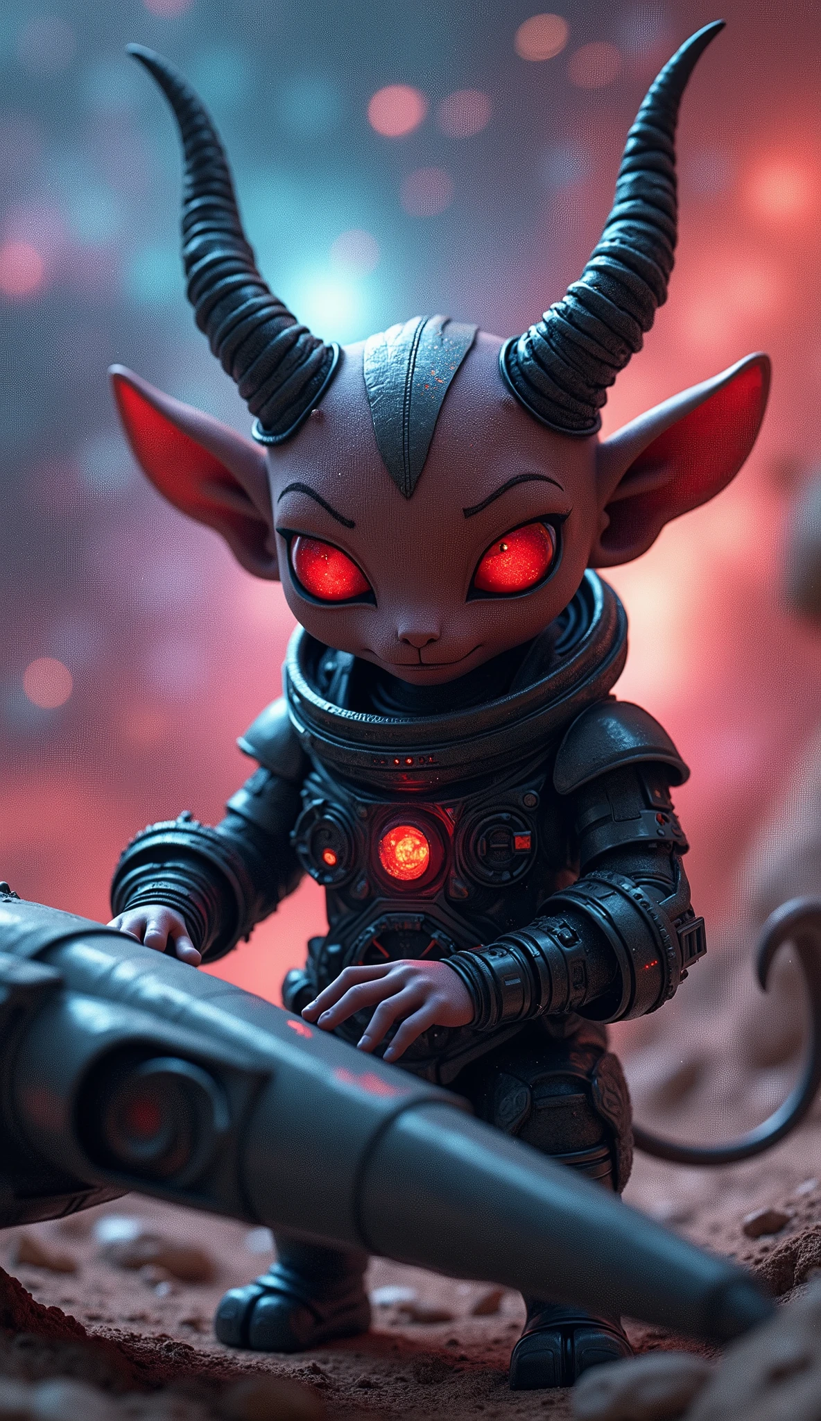 3D rendering of (Character Design), Babata: TheMysterious Appearance of the Wisdom Body In the novel "Swallowing the Stars", (a lovely little deviI Babata is building a spaceship: 1.2),(with 2 smalfangs: 1.3) Race and ldentity: Babata is the intelligent core created by Hu Yanbo, the Lord of Meteorite Ink, and has evolved into "intelligent life" after years of study and upgrading ". Specific characteristics of the head: Babata has the characteristics of two sharp corners on his forehead, which adds a bit of mystery and majesty to him. At the sametime, his eyes were red, revealing a deep and inteligent light. As an intelligent life, his existence may be more reflected in the energy body generatedby special devices such as the plane and the inte!ligent light brain. Wearing a high-tech robe or suit.,in the style of rolf armstrong: fractal,Hyper RealMagic Realism,Surreal,Science Fiction,Postcyberpunk,Raypunk,Rococopunk,high detail,hyper quality,high resolution,surrealism,16k,long shot,studiolighting,