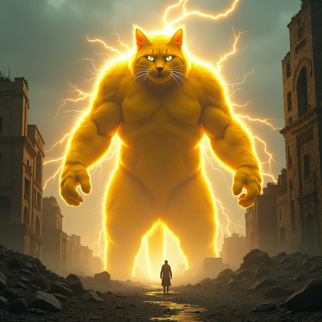 A cat, Color is yellow, god, monster, It&#39;s so big it could swallow up a city., The whole body is enveloped in lightning and electricity., Ancient city background after war, It is 100m in size, god화속세상, high detail, 8k, photorealistic, (best quality,4K,8k,highres,masterpiece:1.2),ultra-detailed,(realistic,photorealistic,photo-realistic:1.37),hyper realistic
