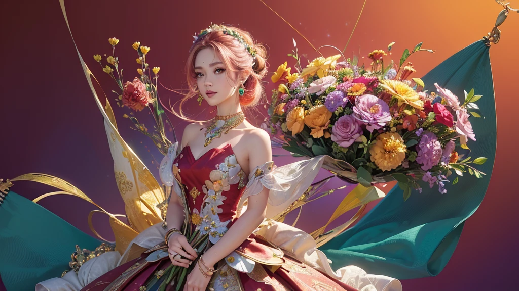 32K, 最高quality, 最高masterpiece, (ultra-Detailed Background, Detailed Background), High resolution, Super detailed, Very detailedな, 1 personの, (bouquet:1.3), (Tangled:1.2), (Geometric:1.2),(colorful),(masterpiece, quality, best quality, Official Art, Beautiful and beautiful:1.2), (1 person:1.3), Very detailed,(colorful:1.1)(Flowers:1.3),Most detailed,(Tangled:1.2), whole body, (Abstract background:1.3), (Skin glows), (Many colors:1.4), ,(Earrings Jewelry:1.5), Pale Red Background, It's imaginative., Milk tea colored hair, Updo,