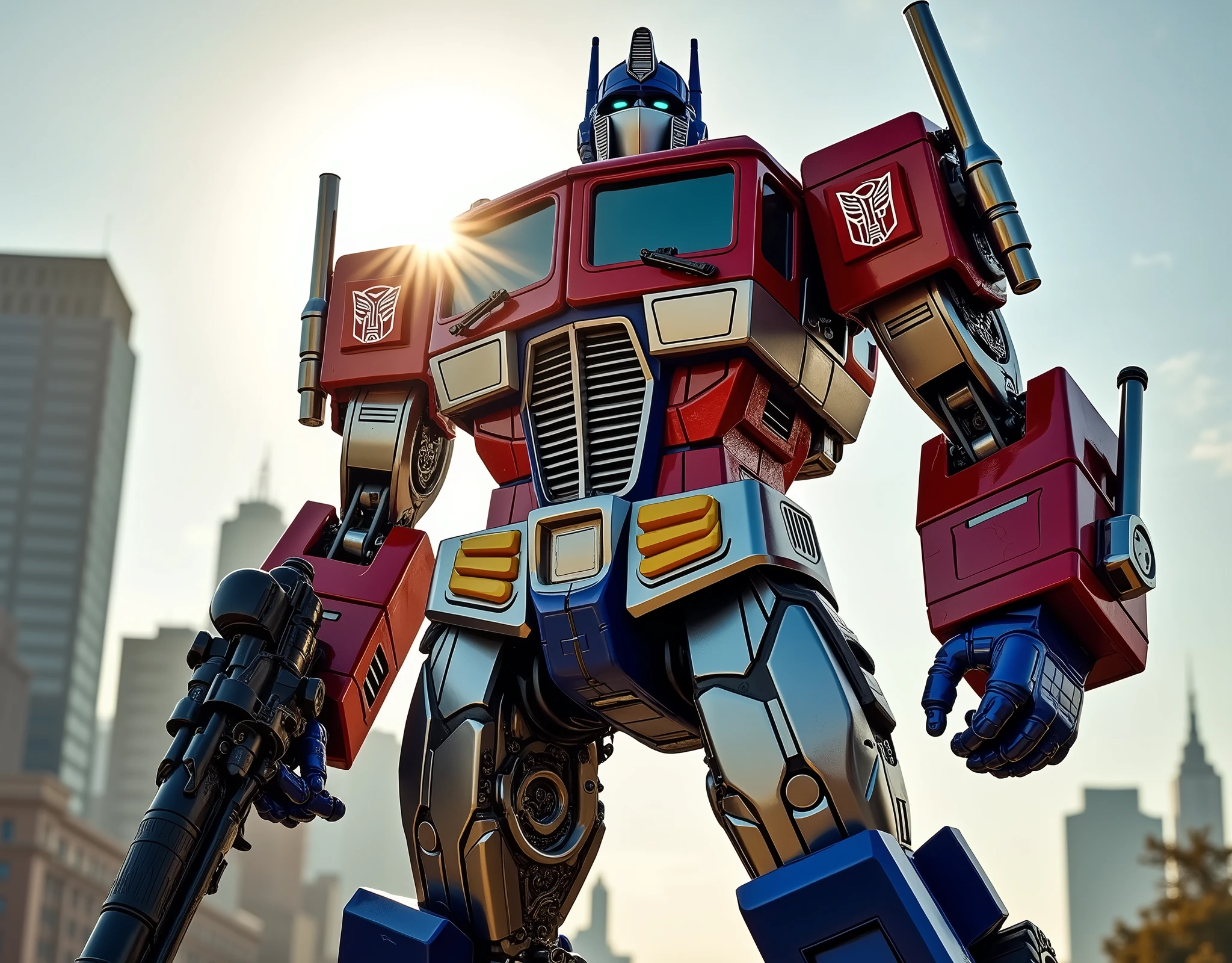 Optimus Prime, robot, transformers, giant robot, detailed metallic armor, mechanical components, complex machinery, energetic pose, heroic stance, powerful weapons, sword in hand, city skyline, sunny day, dynamic composition, cinematic lighting, epic scale, photorealistic, 8k, highly detailed, intricate details, masterpiece