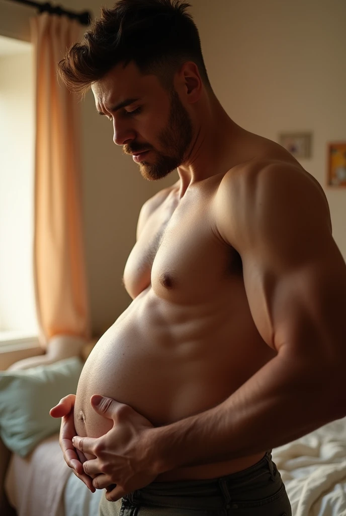 A muscular man 9 months pregnant petting his belly with a worried look on his face