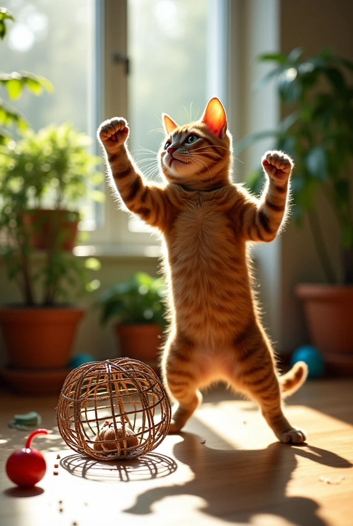 The cat with muscles in the newly generated image just kicked over the cage of its mother.
