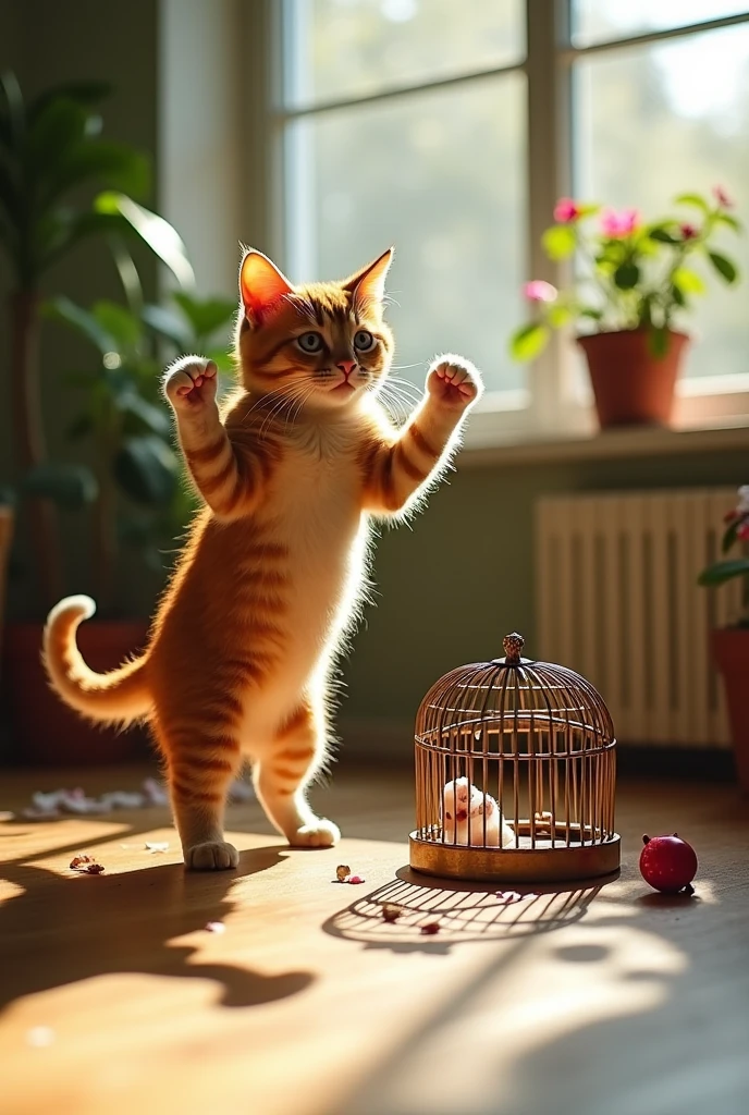 The cat with muscles in the newly generated image just kicked over the cage of its mother.