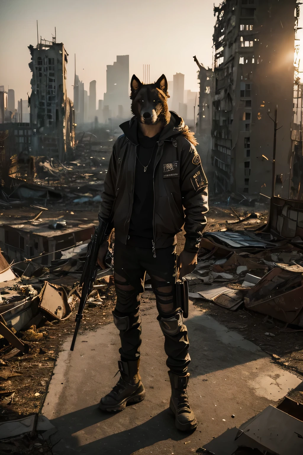 A dirty canine anthro stands in a ruined city wearing post-apocalyptic clothing.. Mourning and crying over the destruction, The city is destroyed in the background, Only the character part, clarity