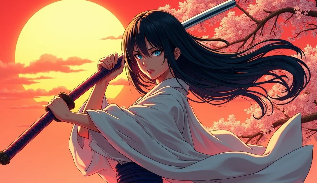 a Japanese comic art of a female samurai, holding a katana in a salute, the Katana shines in the sun, ready for battle, half of the face are shaded, black hair, long hair, carried in the wind, blue piercing eyes, pale skin, cherry trees in sunset background, Ultra-high resolution, High Contrast, (masterpiece:1.5), highest quality, Best aesthetics), best details, best quality, highres, 16k, (ultra detailed: 1.5), masterpiece, best quality, (extremely detailed) RAW, (ultra details, Masterpiece, best quality),