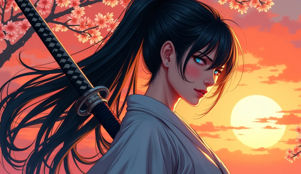 a Japanese comic  art of a female samurai, holding a katana in a salute, the Katana shines in the sun,  ready for battle, half of the face are shaded, black hair, long hair, carried in the wind, blue piercing eyes, pale skin, cherry trees in sunset background, Ultra-high resolution, High Contrast, (masterpiece:1.5), highest quality, Best aesthetics), best details, best quality, highres, 16k, (ultra detailed: 1.5), masterpiece, best quality, (extremely detailed) RAW, (ultra details, Masterpiece, best quality),
