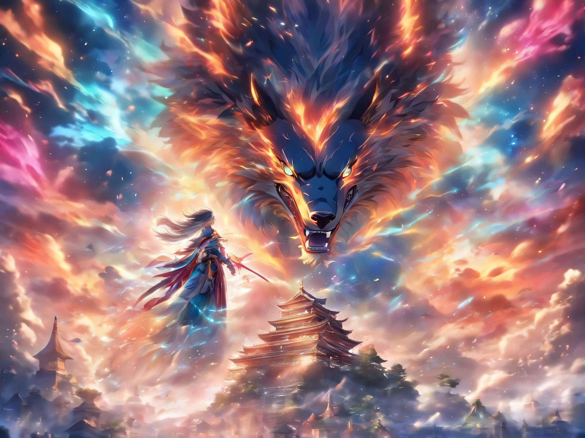 A majestic, Ferocious, Soar in the sky, formidable presence, leading, Radiant illumination, Strong gaze, Delicate fur, vivd colour, tosen, superb technology, dynamic compositions, amazing scenery, awe-inspiring, epic landscapes, k hd, Surreal, HDR lighting, atmosphric perspective, Brush stroke texture, surreal atmosphere, mysterious atmosphere, mythical creature