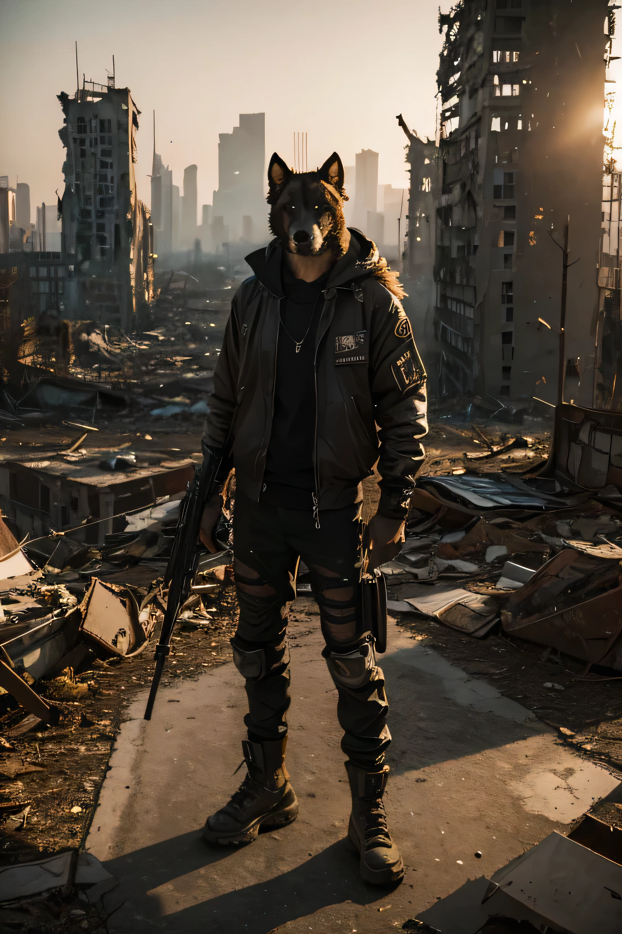 A dirty canine anthro stands in a ruined city wearing post-apocalyptic clothing.. Mourning and crying over the destruction, The city is destroyed in the background, Only the character part, clarity
