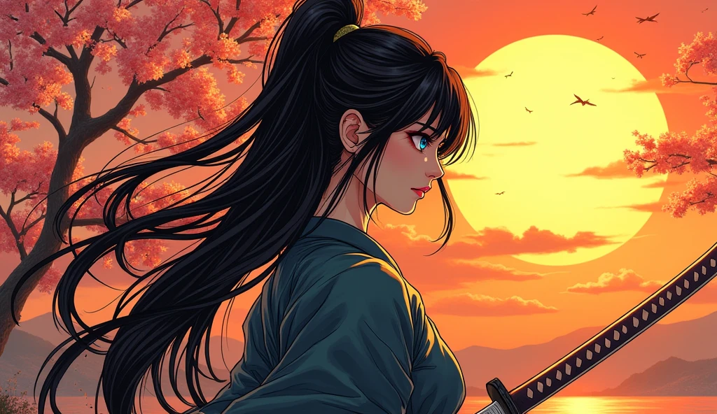 an epic Japanese comic art of a female samurai, holding a katana in a salute, the Katana shines in the sun, ready for battle, half of the face are shaded, black hair, long hair, carried in the wind, blue piercing eyes, pale skin, cherry trees in sunset background, Ultra-high resolution, High Contrast, (masterpiece:1.5), highest quality, Best aesthetics), best details, best quality, highres, 16k, (ultra detailed: 1.5), masterpiece, best quality, (extremely detailed) RAW, (ultra details, Masterpiece, best quality),